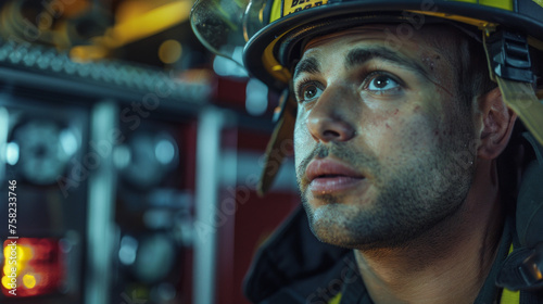 Pensive firefighter with reflective gear stares thoughtfully