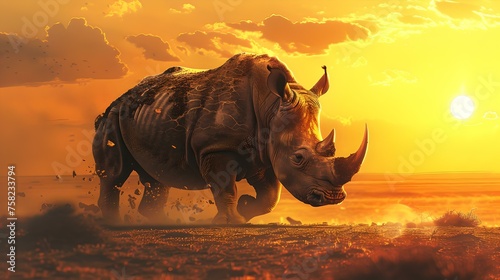Majestic rhino charging across a dusty landscape at sunset. dynamic wildlife scene. ideal for wildlife enthusiasts. AI