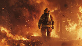 Firefighter seen walking amidst a blazing scene, demonstrating danger and bravery in a rescue situation