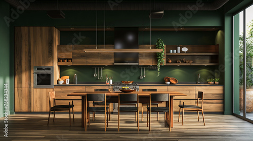 Modern kitchen design with dark wood cabinets and dark green walls with a wood dining table and chairs