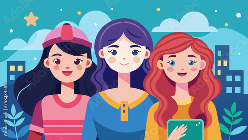 three young girls vector illustration