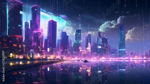 cityscape of neon-lit skyscrapers reflects off the surface of a virtual ocean.  humans mingle in the bustling streets