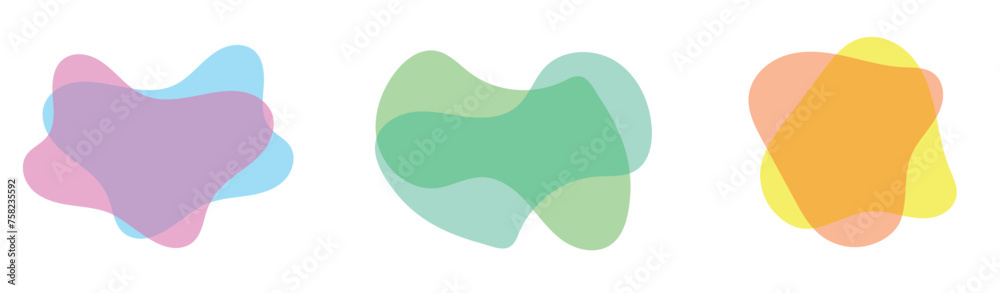 Set of three colors of flat design modern amoeba banners. Isolated on a white background.
