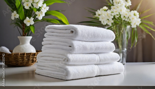 Stack of clean fluffy white towels folded on table. Fresh smelling flowers.