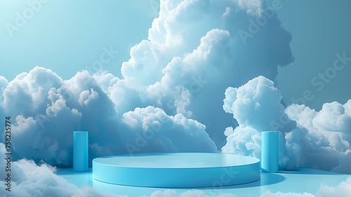 Abstract 3D podium design in blue with cloud motifs. The scene is for prodact presentation. Generated by artificial intelligence. photo