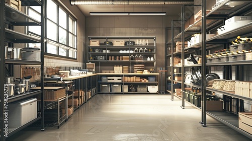 warehouse, warehouse, huge shelves, kitchen equipment, commercial, e-commerce, promo photo