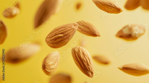 Almonds fly on a yellow background for design.