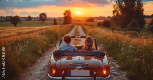 Couple enjoys a scenic drive down a country road in a classic car at sunset, evoking travel and romance