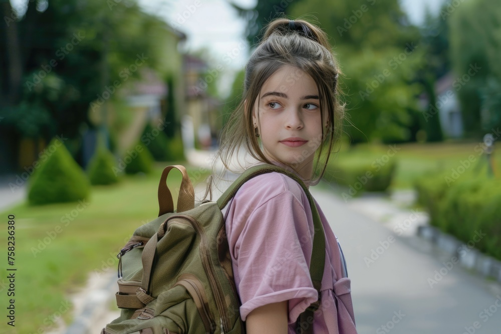 Child teenage girl with a tourist backpack. Trip, travel, school excursion. Child teenage girl with a tourist backpack. Trip, travel, school excursion.