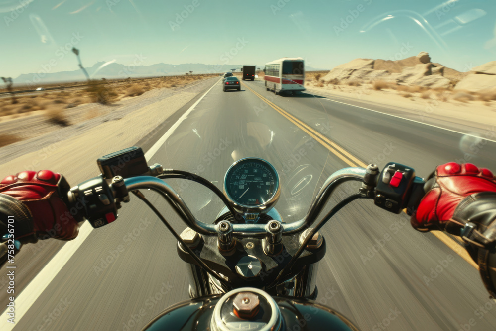 Obraz premium A dynamic image captures a biker on a motorcycle as they speed along the highway, seen from a first-person perspective.