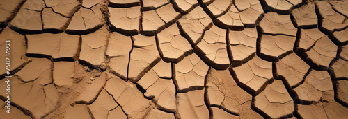 Panorama. Dry and cracked land, dry due to lack of rain. Effects of climate change such as desertification and droughts