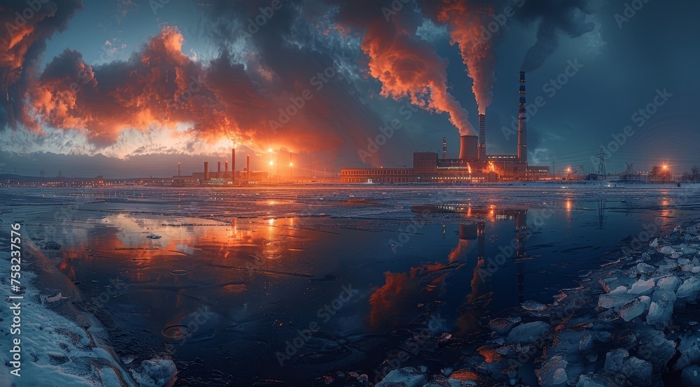 A dystopic vision of industrialization with smoke plumes against a twilight sky reflecting in icy waters