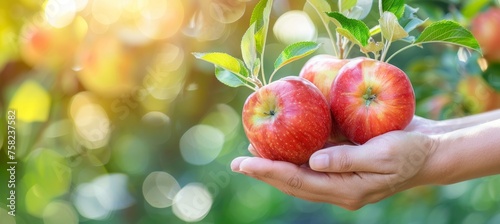 Hand holding fresh organic apple with selection on blurred background, copy space for text