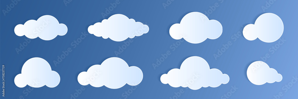 Paper cut clouds set on blue sky background. Forecast white cloud icon symbol collection. 3D Papercraft frame icon for posters and flyers, presentation, web, social media, design, banner and sticker.