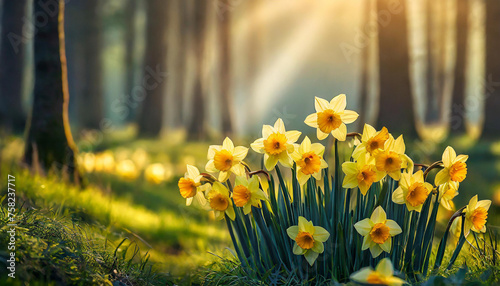Tufts of yellow daffodils flowers with orange crenellated cylindrical crown in a grove with a foggy and bright background (Illustration AI)
 photo