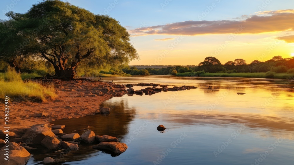 Sunset over calm river with water reflections Sunset over calm river with water reflections