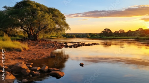 Sunset over calm river with water reflections