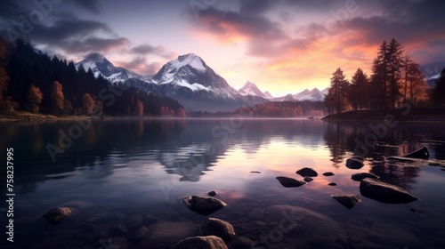 A beautiful sunset over a lake with mountains in the background