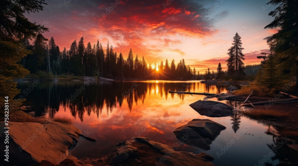 Breathtaking moment of lake and sunset colors