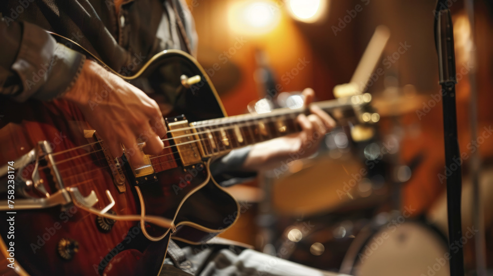 Fototapeta premium A close-up of a musician's hands expertly navigating the fretboard of an electric guitar on stage