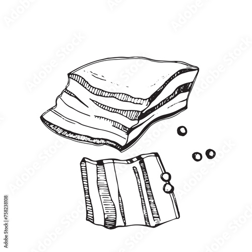 Vector illustration. A piece of lard, a slice of lard and black peppercorns drawn with a black outline in vector. Suitable for printing on fabric and paper, for printing on product packaging, design.