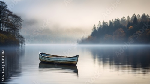Peaceful boat and lake in misty environment