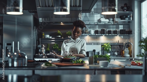 Chef Perfecting Culinary Art in Kitchen, African American chef attentively garnishes a dish in a modern kitchen, showcasing the art of cooking with a focus on fresh ingredients and precision