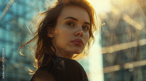 Urban Glow: Young Woman in Sunset Light, Captured in the warm glow of sunset, this young woman stands outdoors, her hair backlit by the setting sun, with a modern glass building providing an urban