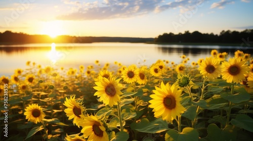 Sunny and serene landscape of lake and flowers