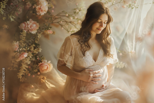 Soft maternity portrait with pastel flowers