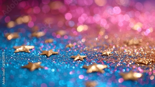  a group of gold stars sitting on top of a blue and pink glitter covered ground with pink and purple lights in the background.