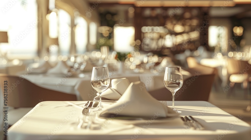 Elegant Table Setting in Sunlit Restaurant, Sophisticated table setup awaits diners in a bright, luxurious restaurant, with pristine glassware and cutlery beautifully arranged