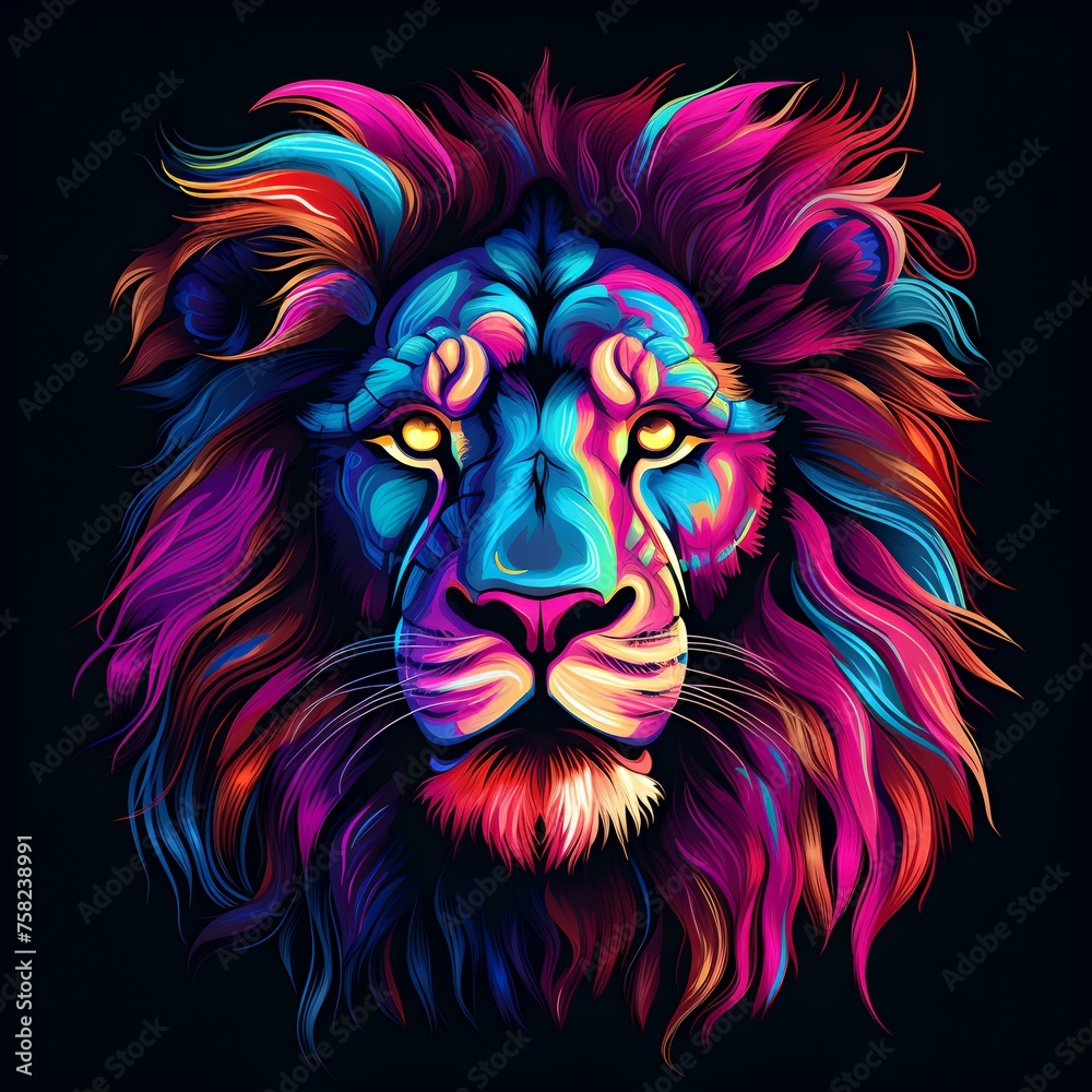 Colorful neon artwork of a lion's head with vibrant mane on black background