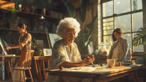Senior Artist Painting in Sunlit Studio, Elderly woman engrossed in painting at a sunny art studio with others around, embodying creativity and lifelong learning