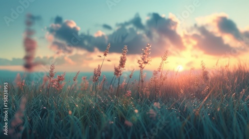 Pastel Sunrise Over Dewy Meadow, tranquil scene as the morning sun casts a warm glow over a dewy meadow, illuminating delicate wildflowers and soft grasses photo