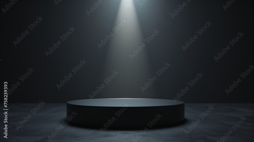 Dark background with a soft spotligth en the center, a minimalist podium in the center, front side view. Generated by artificial intelligence. Dark background with a soft spotligth en the center, a minimalist podium in the center, front side view. Generated by artificial intelligence.
