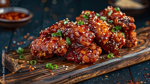 gastronomic picture of a 2 michelin star's spicy korean fried chicken tenders with a lot of CHILI SAUCE and crumbles on a woodtable. Cinematographic, dark blue background photo