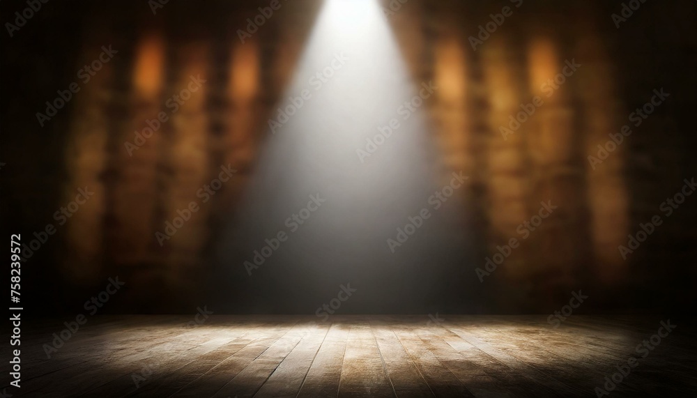 Defocused view on empty studio background lit from top by round spotlight. Visible light cone. Place for displaying product  - obrazy, fototapety, plakaty 