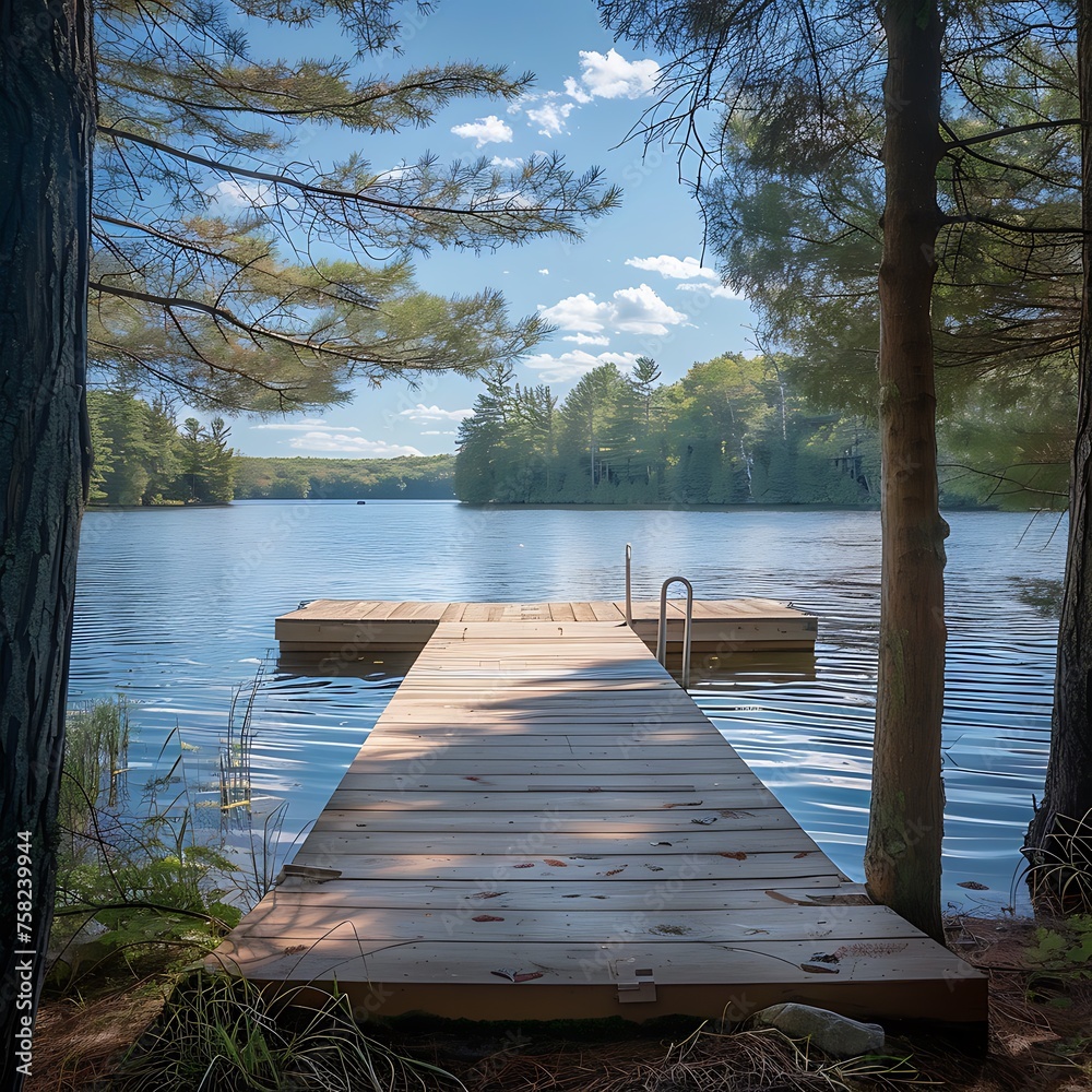 A tranquil lakeside retreat with a wooden dock stretching out into the water, framed by towering pine trees