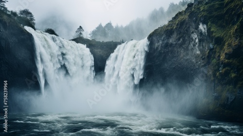 Waterfall with mist and spray in nature
