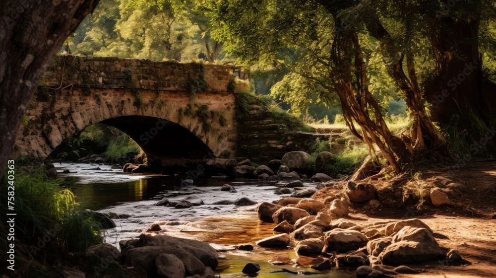 Rustic bridge and riverbank in nature Rustic bridge and riverbank in nature