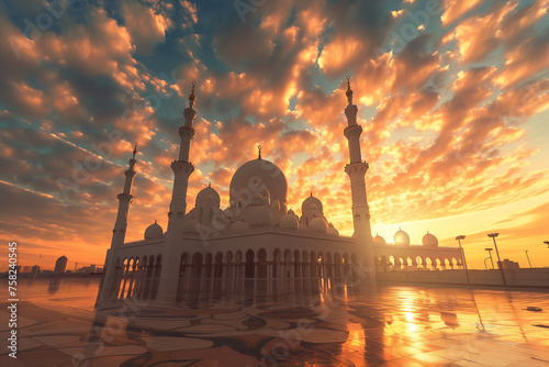 Mosque at sunrise.AI generated