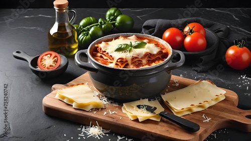 Italian homemade Lasagna Soup with ground beef, tomato, pasta, basil, garlic and cheese. Top view with copy space on black stone table and board