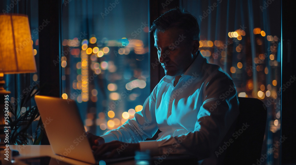Businessman sitting in office, work on laptop on analyzing, analytic.