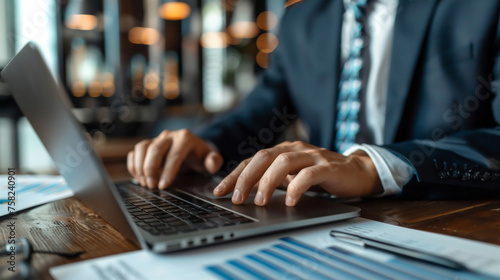 Businessman sitting in office, work on laptop on analyzing, analytic.