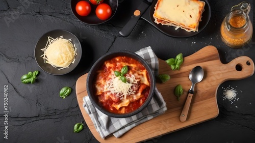 Italian homemade Lasagna Soup with ground beef, tomato, pasta, basil, garlic and cheese. Top view with copy space on rustic wooden table, boards.