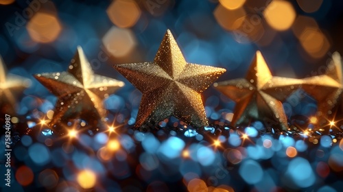  a group of gold stars sitting on top of a pile of blue and gold glittered stars on top of a table.