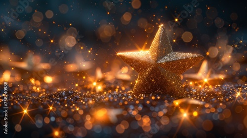  a close up of a shiny gold star on a dark background with boke of light and stars in the foreground.