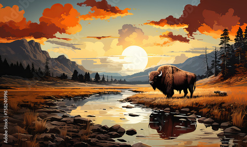 Natural autumn landscape, bison grazing by the river. photo