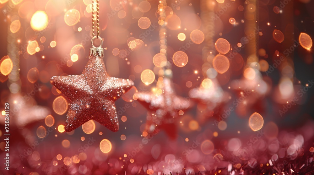 a star ornament hanging from a chain in front of a blurry background of boke of lights. a star ornament hanging from a chain in front of a blurry background of boke of lights.